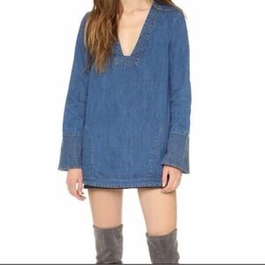 Free People Denim V-Neck Tunic Dress Medium Wash Long Sleeve Blue Size M